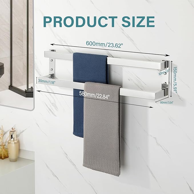 Alise Double Towel Bar, 24" Towel Racks for Bathroom Wall Mounted SUS304 Stainless Steel, Heavy Duty Bathroom Towel Holder, Quick Drying Towel Hanger, Polished Chrome