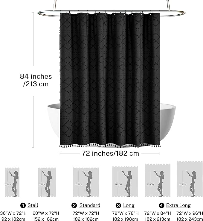 Extra Long Boho Black Shower Curtain with Tassels 72 x 84, Tufted Chevron Striped Chenille Woven Fabric Cloth Shower Curtain Modern Farmhouse Minimalist, Shabby Chic Textured for Bathroom