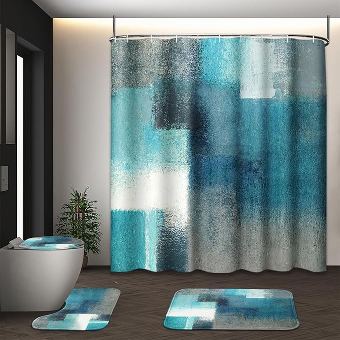 Turquoise Abstract Shower Curtain Set with Toilet Lid Cover and Non-Slip Rugs for Bathroom, Modern Painting Art 4 Pcs Shower Curtain, Vintage Grey White Bathroom Set with 12 Hooks