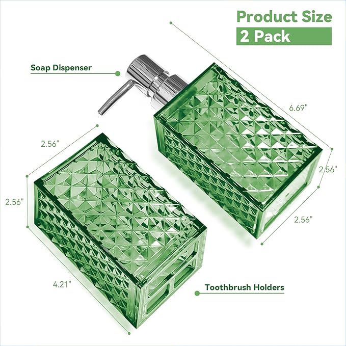 2PCS Green Bathroom Accessories. Contain Soap Dispenser and Toothbrush Holder Set. Boho Bathroom Set for Blue Bathroom Décor