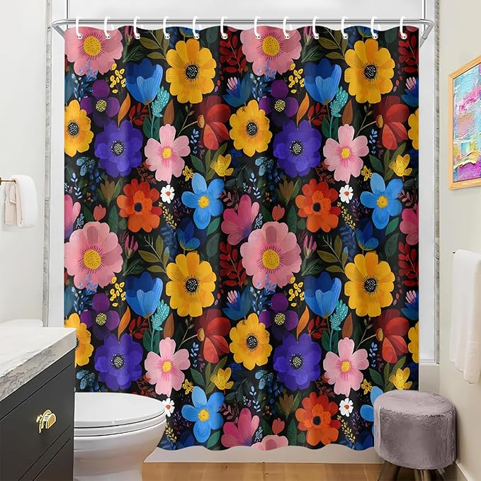 Colorful Floral Shower Curtain 72x72 Inch Bold Bright Flower Print Bathroom Curtain Fabric for Boho or Maximalist Bathroom Decor