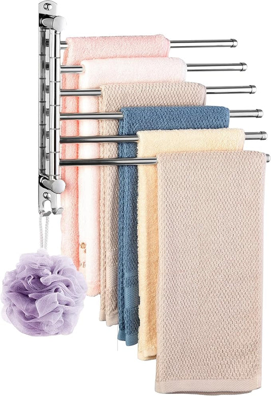 Swivel Towel Rack, 12.6 Inch Towel Bar with Wall Mounted 180° Rotation, 6 Arms Towel Hanger SUS 304 Stainless Steel, Space Saving for Kitchen, Bathroom, Outdoor, Mirror Polish