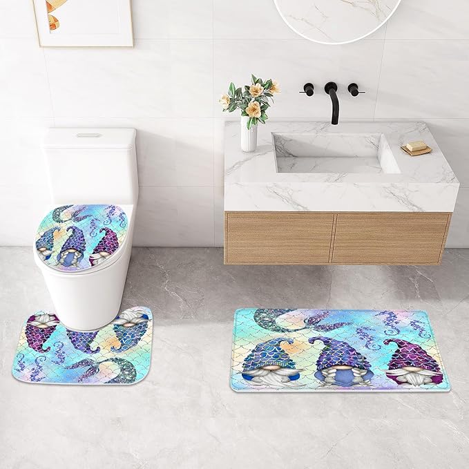 Litabel 4 Pcs Summer Mermaid Gnomes Shower Curtain Set with Non-Slip Rugs, Toilet Lid Cover and Bath Mat,Ocean Bathroom Decor Set with Shower Curtain and Rugs(Hooks Not Included)