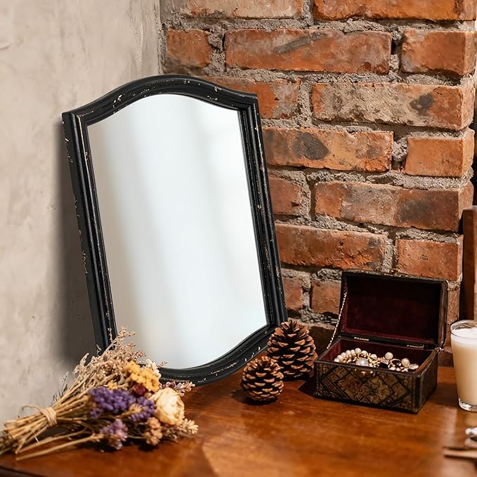 Small Vintage Vanity Black Makeup Scalloped Mirror Antique Wavy Square Farmhouse Mirror for Tabletop Living Room Bedroom Countertop Dresser 9.13x12