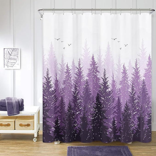 Hokibero Purple Misty Forest Mountain Nature Tree Fabric Shower Curtains for Bathroom Waterproof Heavy Duty Navy Blue and White Woohitedland Shower Curtain Bathtubs Hotel, 72 x 72 inch