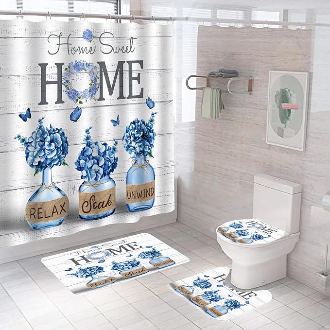 ALEXEX 4 PCS Blue Hydrangea Shower Curtain Sets,Home Sweet Bathroom Set with Shower Curtain and Rugs and Accessories,Farmhouse Country Shower Curtain Bathroom Decor with 12 Hooks,72 X 72 Inches