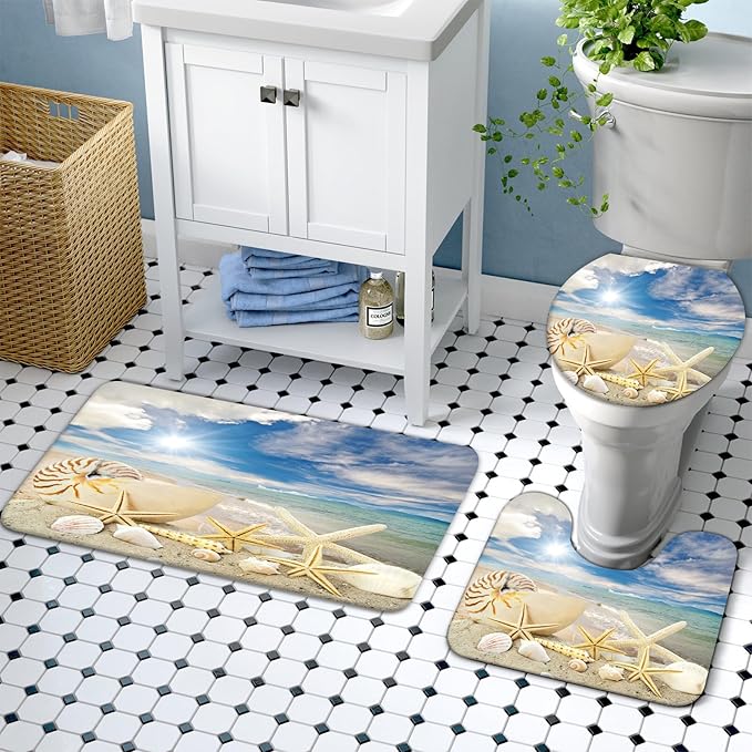 Lnond 4Pcs Summer Beach Shower Curtain Sets with Rugs, Starfish Shells Bathroom Sets with Shower Curtain and Rugs and Accessories