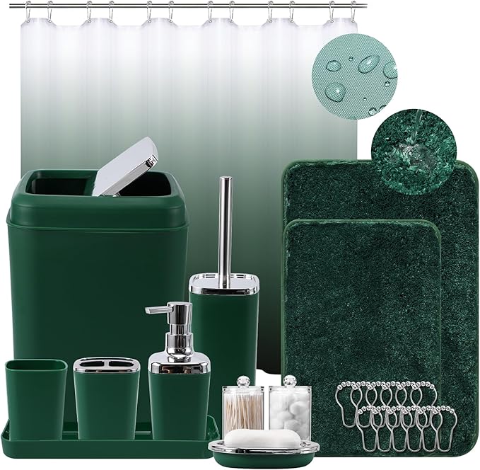 XLHOMO Dark Green Bathroom Accessories Set with Shower Curtain and No-Slip Bath Rugs,24PC Bath Sets with Trash Can, Toothbrush Holder, Cup, Soap Dispenser, Tray, Soap Dish, Toilet Brush, Qtip Holders