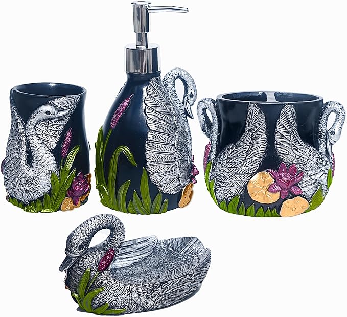 LUANT Bathroom Decor Accessories Set,4 PCS Including Soap Dispenser, Toothbrush Holder, Soap Dish and Tumbler, Decorated with Black Swan
