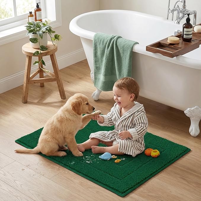 GRANNY SAYS Bathroom Rugs and Mats, 16" x 24" Non-Slip Bath Mat for Bathroom, Super Soft Absorbent Microfiber Bath Rug, Machine Washable and Dry, Small Deep Green Rug for Shower, Tub and Bath Floor