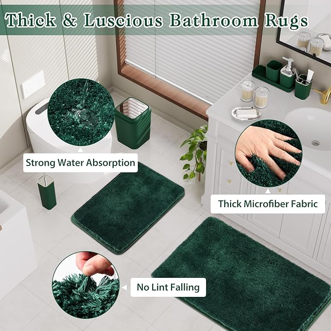 XLHOMO Dark Green Bathroom Accessories Set with Shower Curtain and No-Slip Bath Rugs,24PC Bath Sets with Trash Can, Toothbrush Holder, Cup, Soap Dispenser, Tray, Soap Dish, Toilet Brush, Qtip Holders