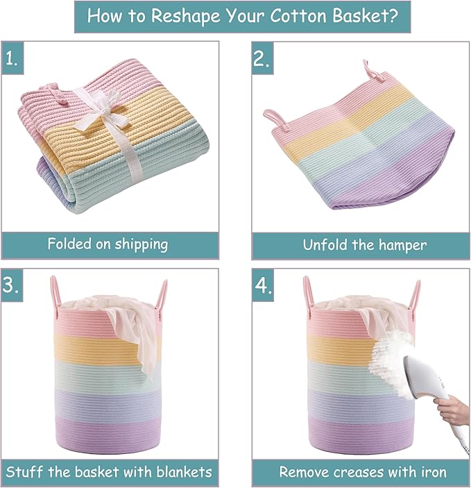 15Dx20H inches Baby Girls Kids Hamper Rainbow Laundry Basket for Nursery Clothes Pastel Unicorn Woven Hamper in Playroom Bedroom 60L Large Tall Blanket Basket