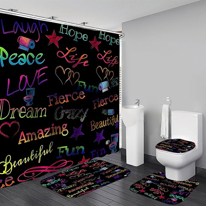 AZHM Inspirational Quotes Shower Curtain Set 4 PCS Motivational Bathroom Decor Set with Neon Typography, Bathroom Shower Curtain Accessory Set