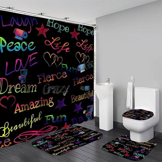 AZHM Inspirational Quotes Shower Curtain Set 4 PCS Motivational Bathroom Decor Set with Neon Typography, Bathroom Shower Curtain Accessory Set