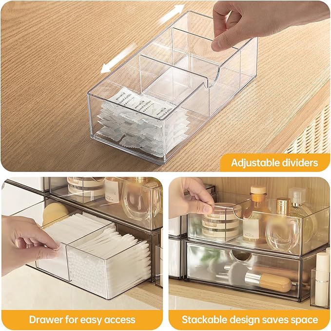 PAVSTINE Medicine Cabinet Organizer 3 Pack, Plastic Stackable Storage with 2 Drawers, Bathroom Mirror Cabinet Organizer with Removable Dividers for Wall Cabinet, Vanity, Countertop, Clear