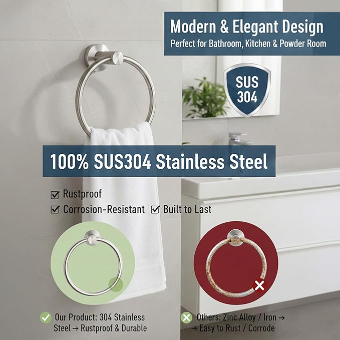 BGL Towel Ring Brushed Nickel, Bath Hand Towel Ring Stainless Steel Round Towel Holder for Bathroom