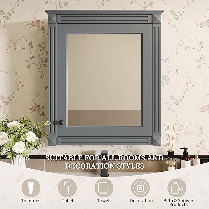 24'' x 27'' Wall Mounted Bathroom Storage Cabinet with Mirror, Medicine Cabinet with Height Adjustable Shelf, Over The Toilet Space