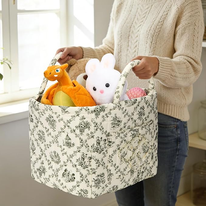 Quilted Fabric Basket Car Storage Basket Boho Floral Laundry Hamper for Nursery Bedroom & Living Room | Organize Clothes Toys