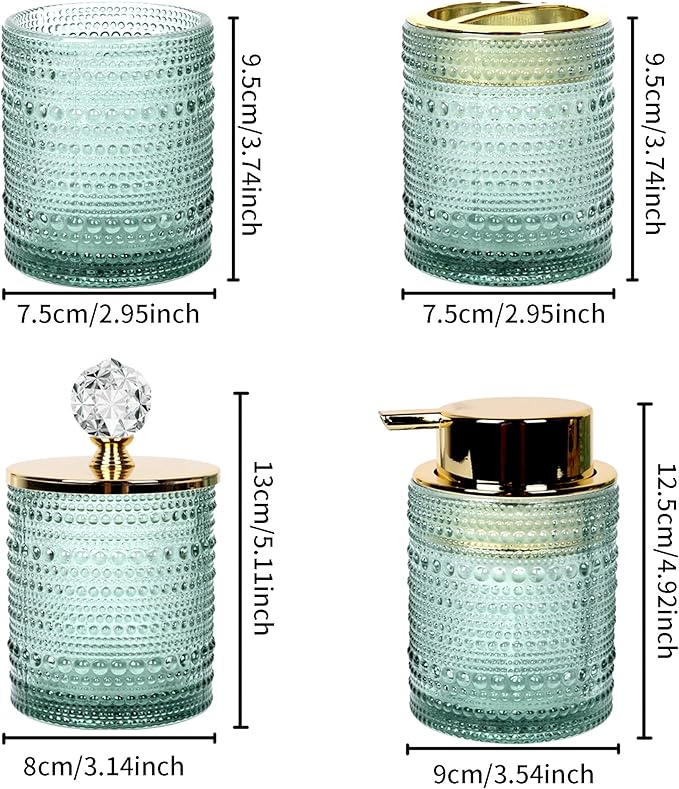 FEILANDUO Bathroom Accessories Set,4Pcs Glass Bathroom Accessories,Vanity Bathroom Decor, Soap Dispenser, Toothbrush Holder Set, Apothecary Jar, Gift for Home Apartment (Green)