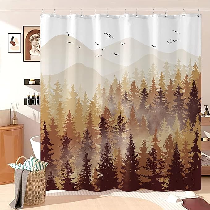 Accnicc Fall Brown Yellow Misty Forest Shower Curtain Ombre Autumn Nature Foggy Tree Waterproof Fabric Shower Curtains for Bathroom Mountain Woodland Decorative Bath Curtain Decor (72'' × 72'')