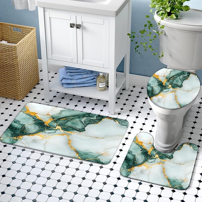 Lnond 4Pcs Marble Bathroom Sets with Shower Curtain and Rugs,Green Gold Marble Modern Art Bathroom Shower Curtain Sets with Rugs and Accessories