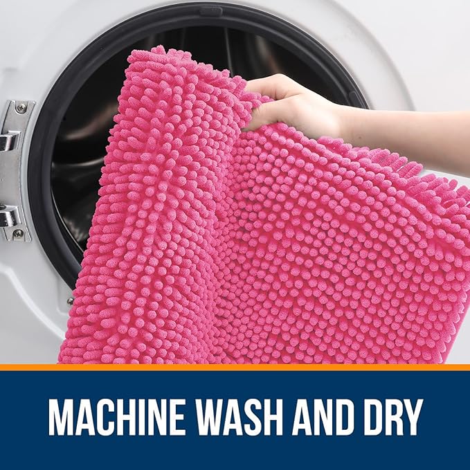 OLANLY Bathroom Rugs 59x35, Extra Soft Absorbent Chenille Bath Rugs, Rubber Backing Quick Dry, Machine Washable Bath Mats for Bathroom Floor, Tub and Shower, Home Decor Accessories, Hot Pink