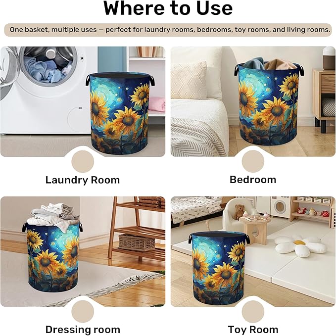 Starry Sky Sunflower Laundry Basket - Heavy Duty 60L Dirty Clothes Organizer, Water Resistant Foldable Hamper for Men Women