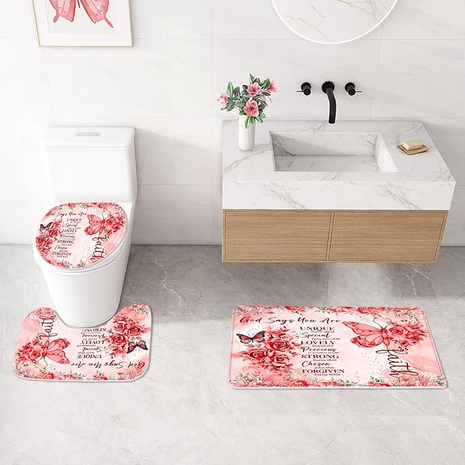 Litabel 4 Pcs Red Butterfly Inspirational Quotes Shower Curtain Set with Rugs and Toilet Lid Cover, Colorful Boho Waterproof Fabric Bathroom Set, Bible Verse Floral Bathroom Decor Set Accessories