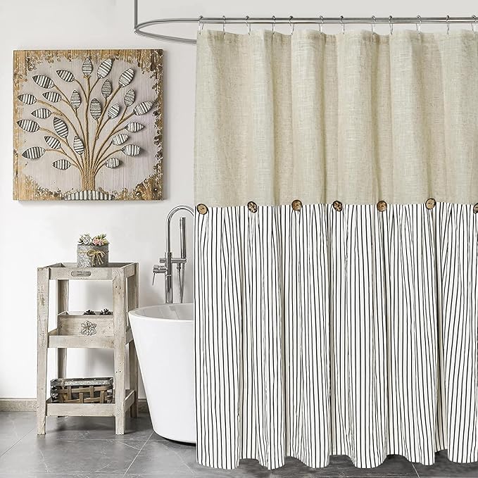 Farmhouse Shower Curtain,Beige and Black Stripe,Button Curtain,Linen and Cotton Woven Fabric,Rustic Charm Country Chic Style,72x84 in
