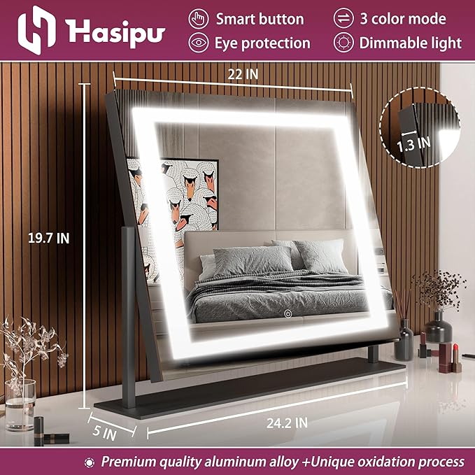 Hasipu Vanity Mirror with Lights, 24.2" x 19.7" LED Makeup Mirror, Light up Mirror with 10X Magnification, Smart Touch 3 Colors Dimmable, 360° Rotation (Right Angle Black)