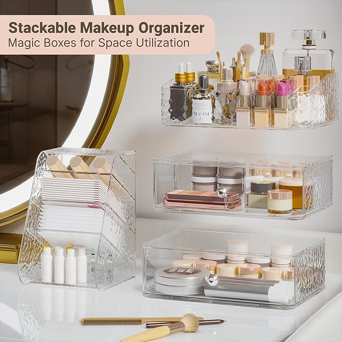 Makeup Organizer with Brush Holder Plastic Makeup Drawers For Vanity Clear Stackable Storage Case Makeup Organizer For Skincare, Brushes, Lipstick, Nail Polishes, Perfumes, Eyeshadow Palettes