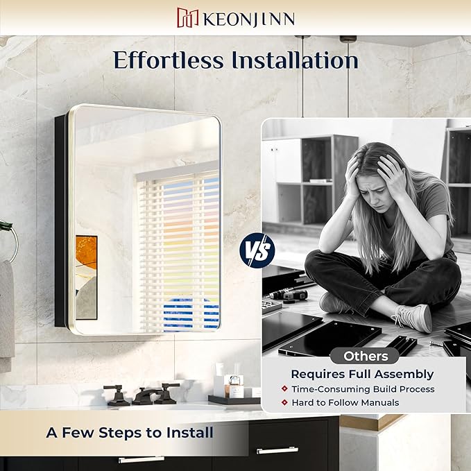Keonjinn 60 x 32 Inch Large Brushed Nickel Medicine Cabinets, Recessed Bathroom Medicine Cabinet, Silver Stainless Steel Framed, Sturdy & Heavy, Adjustable Shelves, 3 Doors, DTC Hinges, Soft Closing