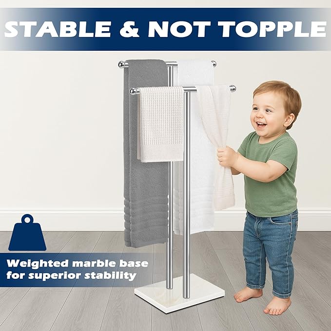 Standing Towel Rack with Marble Base, 2-Tier Free Standing Towel Racks for Bathroom, 40" Height Floor Towel Stand Holder for Bathroom, White