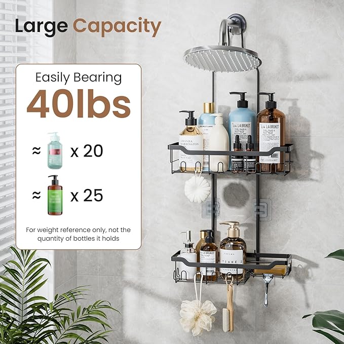 Skyapex Hanging Shower Caddy Over Showerhead: Extra Long Adjustable Height Shower Organizer, Rustproof Shower Shelf Rack with Soap Holder for Large Shampoo Bottles