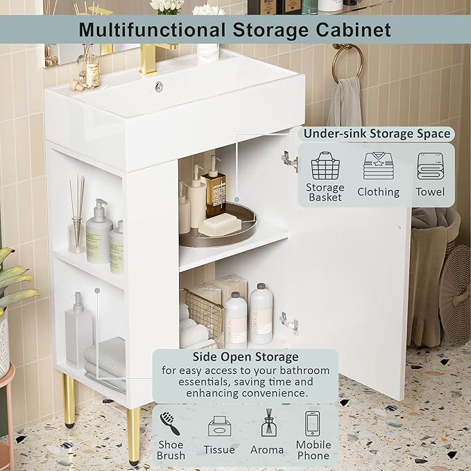 Virubi 21.6 in Small Bathroom Vanity with Sink,Doors and Storage Shelves,Wood Modern Single Fluted Bathroom Sink Cabinet Freestanding (White,Left Shelf)