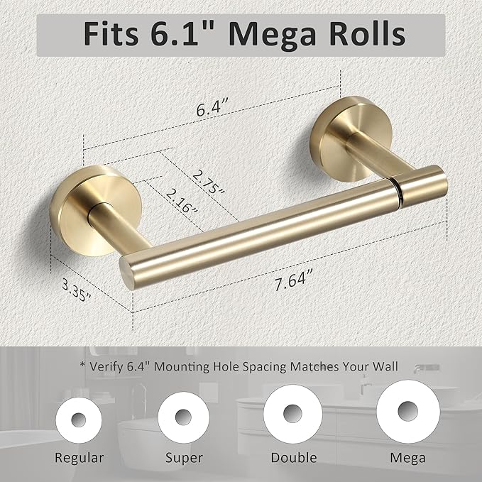 BVL Toilet Paper Holder Brushed Gold Wall Mount Stainless Steel 304 Large Mega Roll
