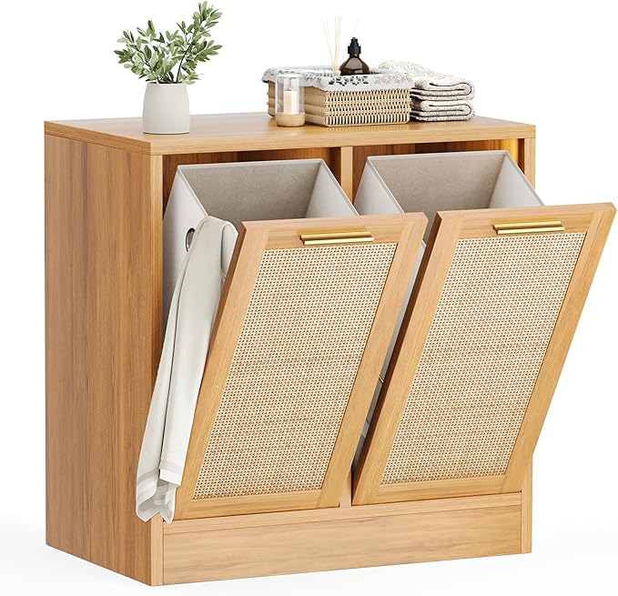 Laundry Cabinet, Bathroom Cabinet with with Breathable Real Rattan Design, Clothes Storge Basket with 2 Removable Laundry Baskets, Bathroom Storage Unit, Anti-tip, 66 x 39,5 x 68 cm, Naturel