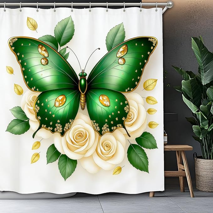 Dreamrflove Butterfly Shower Curtain, 1 Itembutterfly Shower Curtains for Bathroom, Green Butterfly Floral Shower Curtain, 72x72 Inch Waterproof Polyester Insulated Home Decor