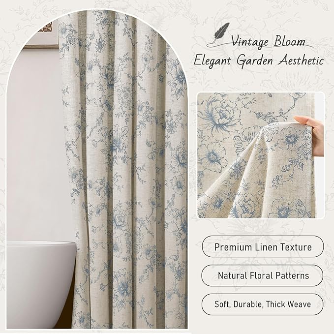 Farmhouse Floral Linen Shower Curtain, Vintage Blue Pattern Rustic Shower Curtains for Bathroom, Taupe,72x72