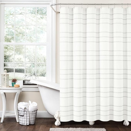 Lush Decor Modern Galaxy Waffle Woven Cotton Shower Curtain Single 72" W x 72" L Snow White & Gray - White Shower Curtains for Bathroom Curtain