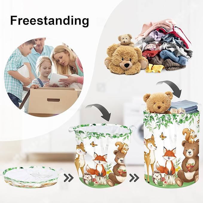 Jungle Animals Laundry Hamper Large Storage Basket Cartoon Wild Zoo Collapsible Parents Organizer Kids Toy Clothes Bins for Bedroom, Bathroom, Bear, 63L