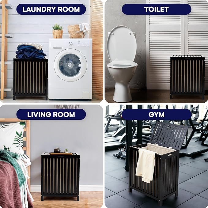 2 Lb. Depot Laundry Hamper Basket Storage in Black Bamboo - Wood Construction with Canvas Liner and Wooden Rods - Hand Grips for Portability - Functional & Stylish Organizer for Clothes -110L