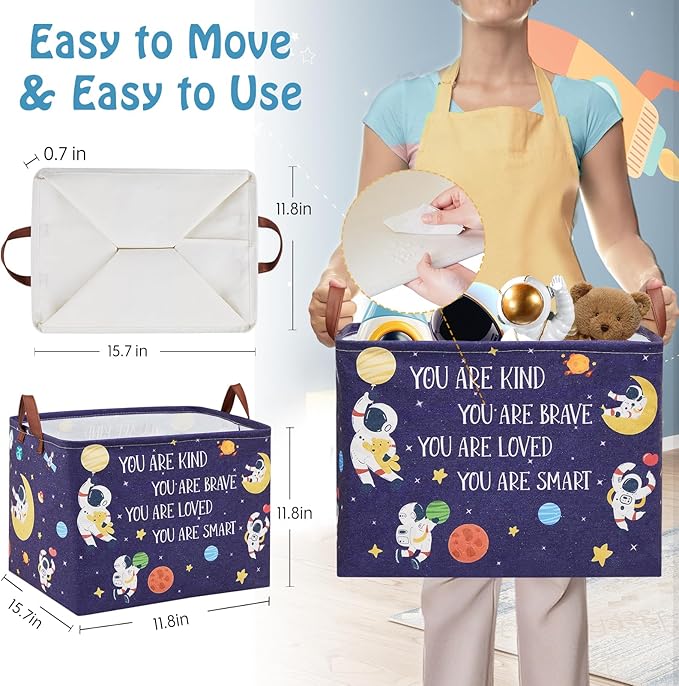 Space Room Decor Kid Storage Box,Boys Astronaut Planets Stars Organizer Toy Box Bin, Galaxy Spaceman Outer Space Blue Laundry Hamper for Baby Bedroom Classroom Nursery