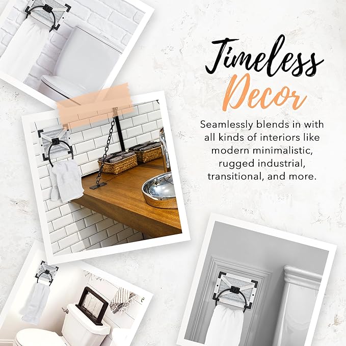 Autumn Alley Farmhouse White Hand Towel Holder Ring with Bracket - Rustic Hand Towel Holder - Towel Rings for Bathroom Wall Mounted Decor Mix of Wood, Galvanized Metal & Black Rings, White