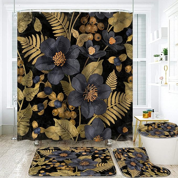 FZDHHY 4Pcs Black and Blue Shower Curtain Set, Morden Bathroom Sets, Vintage Flower Bathroom Sets with Shower Curtain and Rugs, Shower Curtain with 12 Hooks