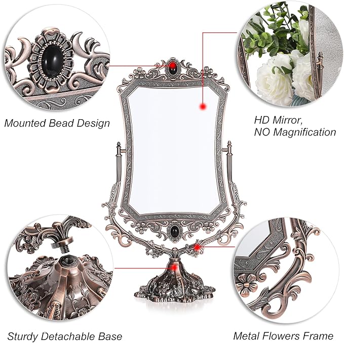 JUXYES Metal Tabletop Antique Decorative Makeup Mirror with Stand, Vintage 360° Swivel Double Sided Cosmetic Mirror with Frame, Retro Desktop Dressing Mirror Magic Mirror for Dresser