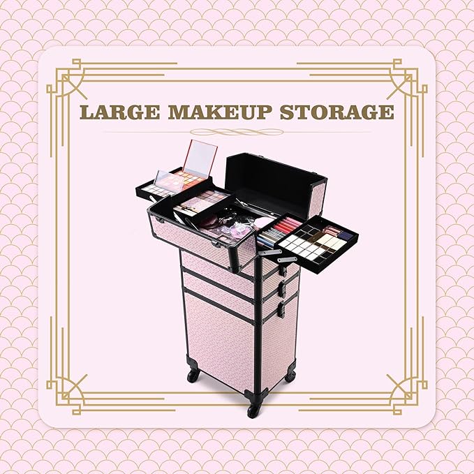 BYOOTIQUE Rolling Makeup Case Large 4in1 Cosmetology Case on Wheels,Easy Access Cosmetic Organizer Travel Case for Makeup Artist Hairstylist,Art Deco Bloom