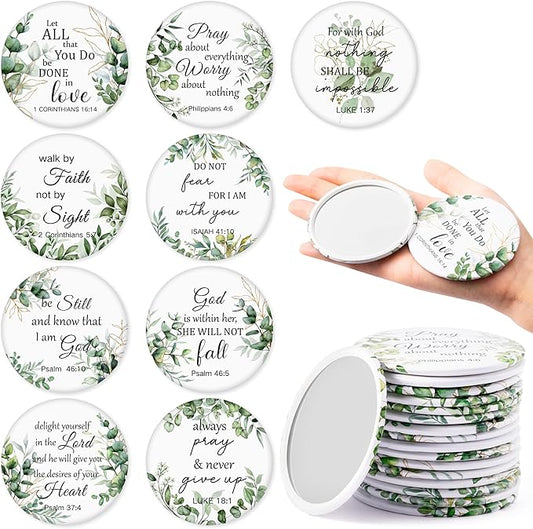 Y1tvei Leaves Bible Compact Mirrors - 36Pcs Green White Leaf Christian Gifts Bulk Bible Verse Mini Compact Mirrors Inspirational Portable Round Pocket Makeup Mirror for Women Friends Purse Church