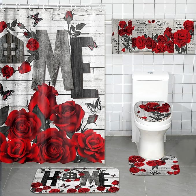 Tatuo 8 Pcs Red Rose Shower Curtain Set Rose Home Romantic Farmhouse Bathroom Decor Accessories Sets Black Red Waterproof Shower Curtain with Towels Carpet Bath Mat Toilet Rugs and 12 Hooks