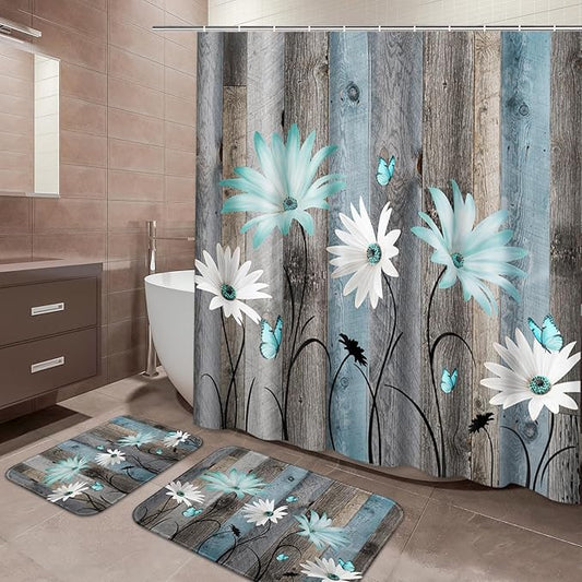ArtSocket Teal Daisy Flowers Butterfly Bathroom Set with Shower Curtain and Bath Rugs and Accessories,Wooden Boards Non-Slip Shower Curtain Set,Bathroom Decor 3 Pcs